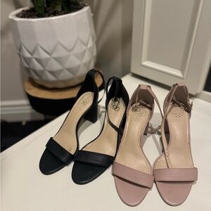 Vince Camuto Strappy Block Heeled Sandal in tan and black. (Bundle)